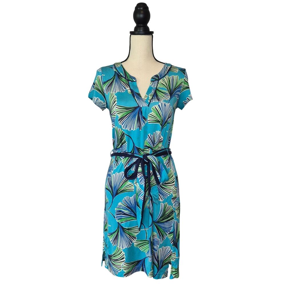 Lilly Pulitzer Bidi Dress Lets Get Ginky Blue Green Ginkgo Leaf Print Belted XS